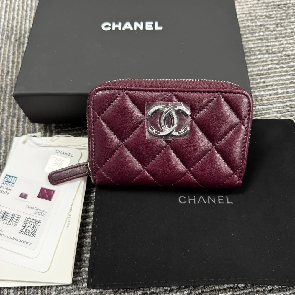 Chanel Dark Burgundy Quilted Wallet Coin Purse with Zip around  CC logo